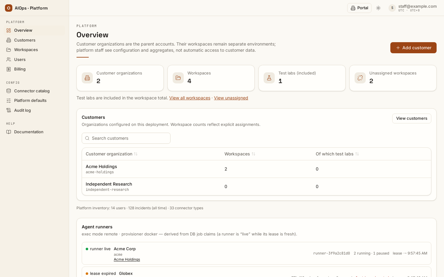 Release verification: customer and workspace totals are separate, while runner claims show activity without revealing workspace content.