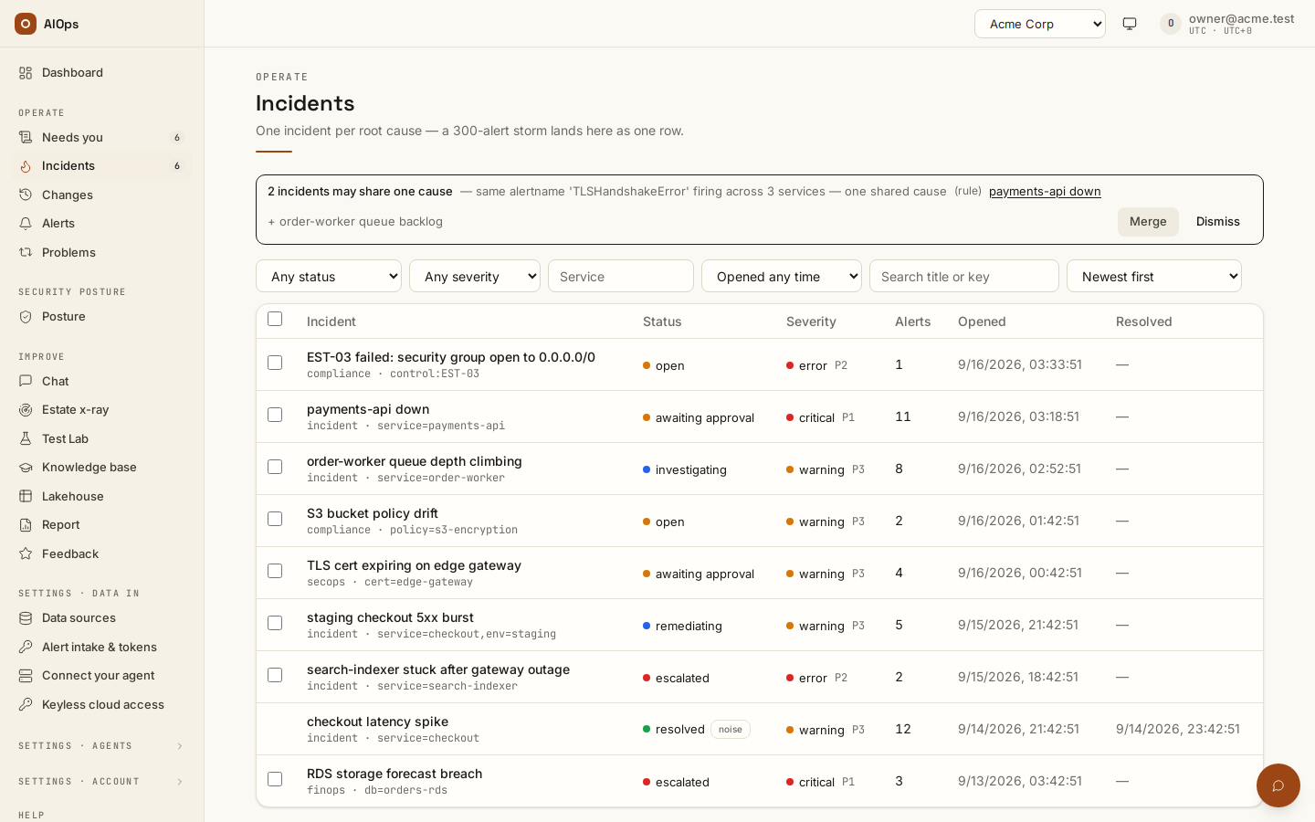 An alert becomes a fix: incident, agent activity and the approval gate