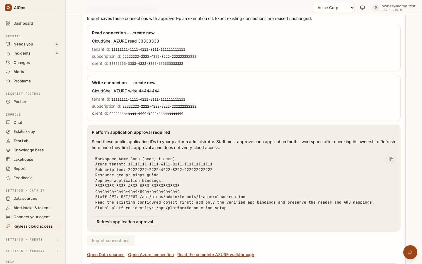 Azure application handoff and disabled import before staff approval, using sample application IDs