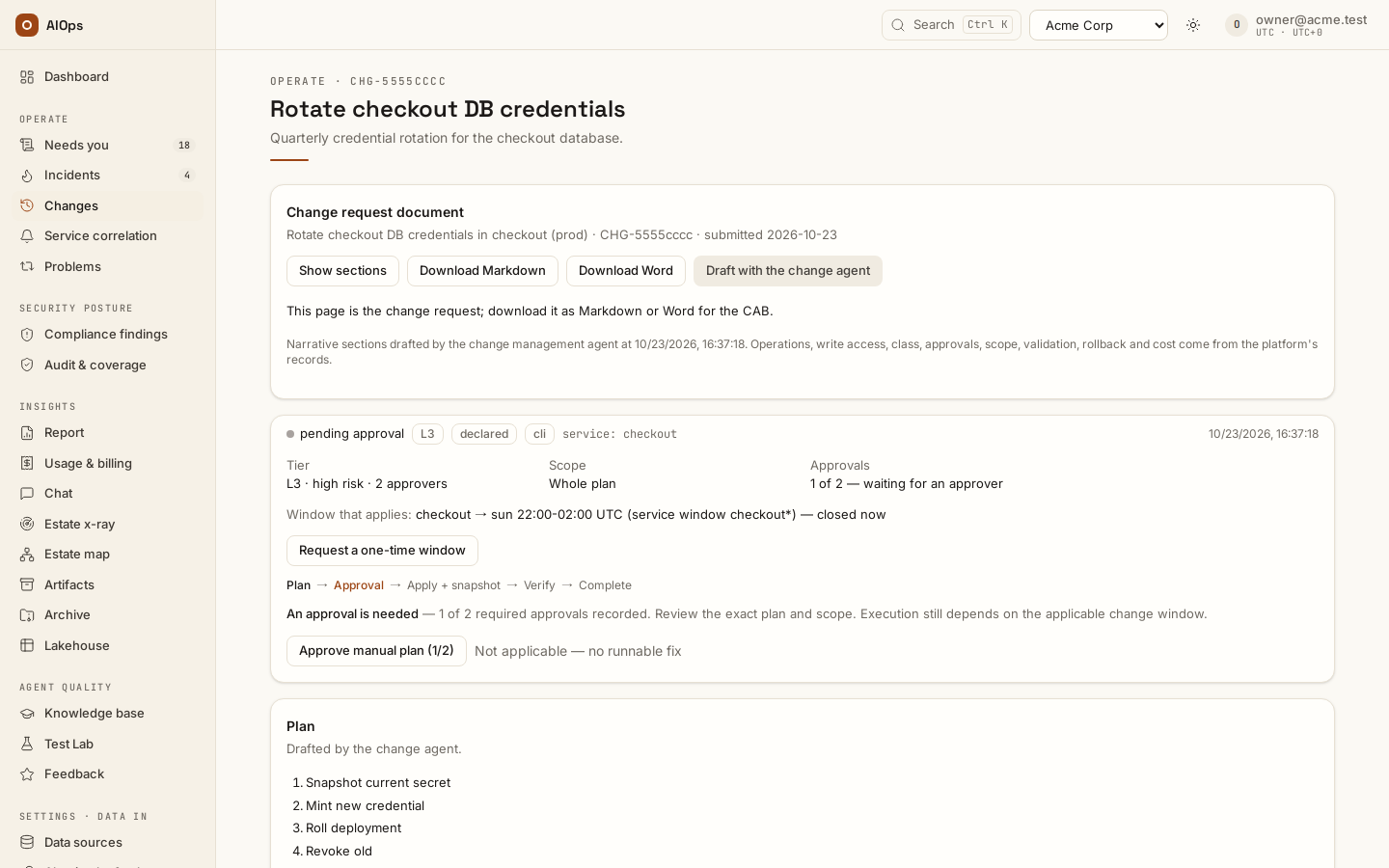 A change request waiting for its quorum, below its Change request document card: L3 · 2 approvers with 1 of 2 recorded and the release still subject to the change window; the first vote is not a write receipt.