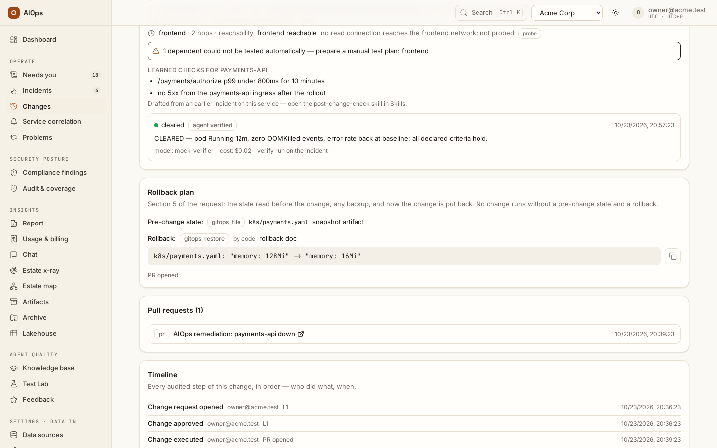 An executed change, Rollback plan: the pre-change state captured before the write and the rollback by code with the exact reversed edit; the verification verdict the sweep reads sits on the Validation plan above.