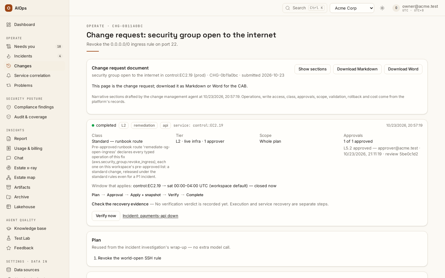 A change request: the Change request document card with its Markdown and Word downloads, then class Standard — runbook route with its reason, tier L2 · live infra · 1 approver, scope Whole plan, the L5.2 approval with reviewer and review digest, the window that applies, and the Plan → Approval → Apply + snapshot → Verify → Complete line.