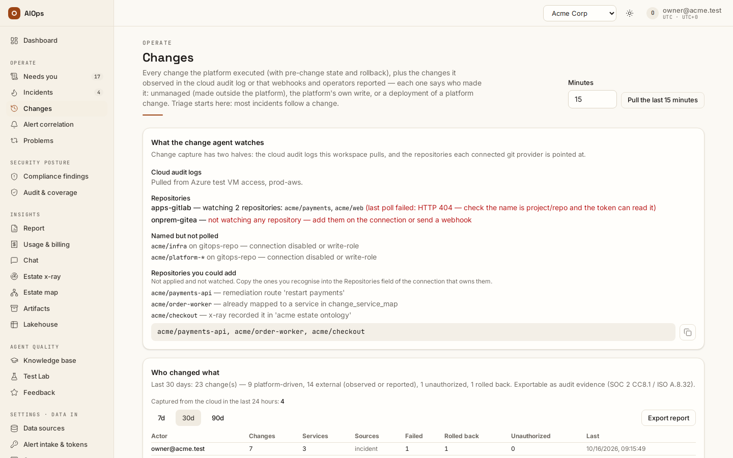 Changes: Pull the last 15 minutes, and What the change agent watches — the cloud audit logs it pulls and the repositories each git provider polls, with a failed poll and a provider that watches no repository flagged in red; Who changed what starts below.
