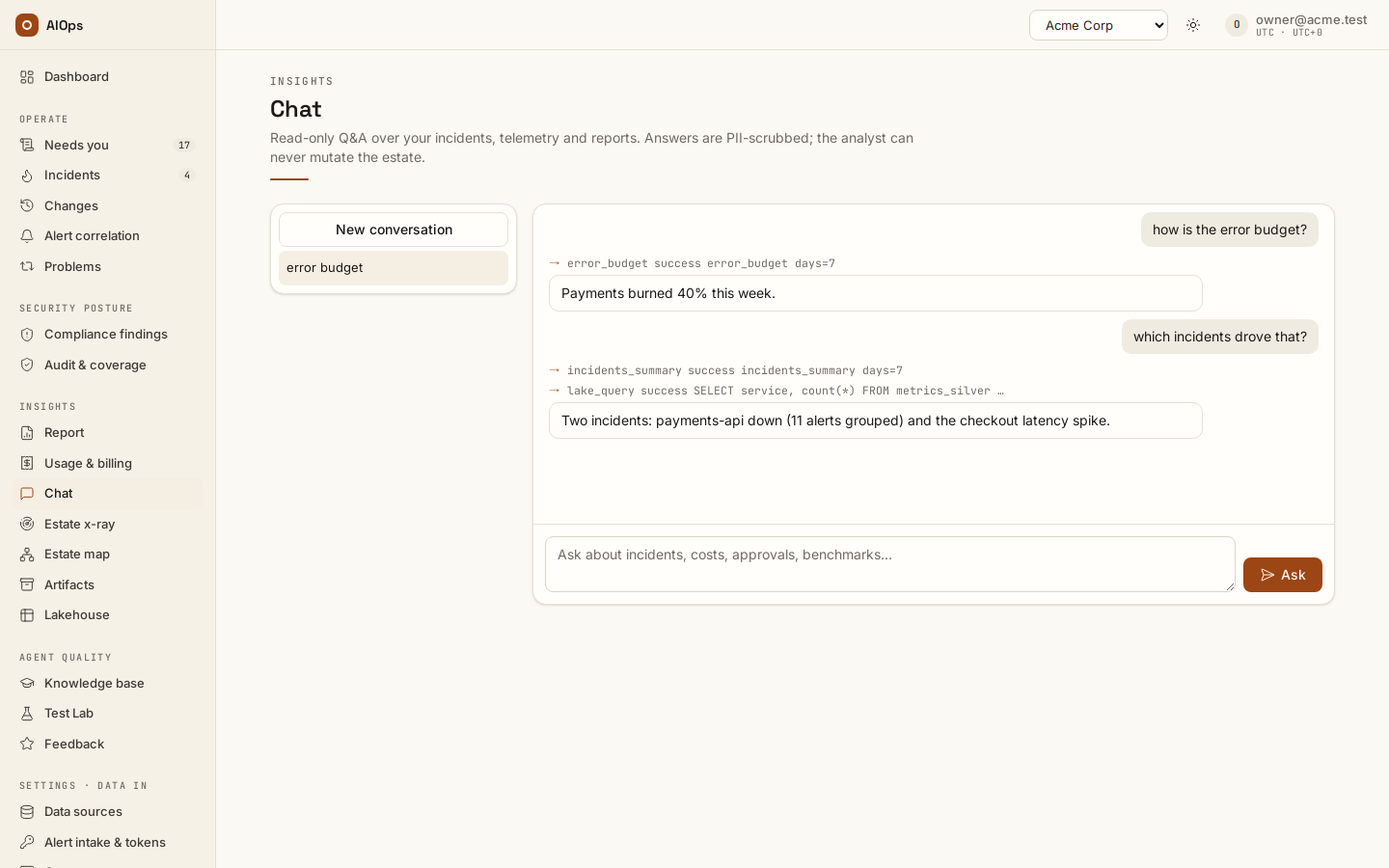 Chat: the error budget conversation — the questions, the analyst's answers and the read-only tools each turn called (error_budget, incidents_summary, lake_query) — and the box for the next question.