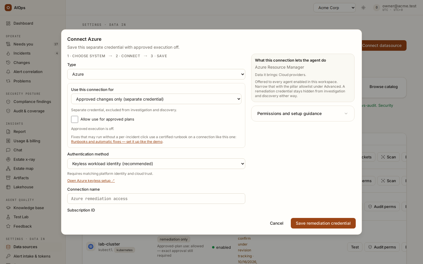 Connect datasource with Use this connection for set to Approved changes only (separate credential): Allow use for approved plans is unticked, so the saved credential cannot execute a plan until someone consents.