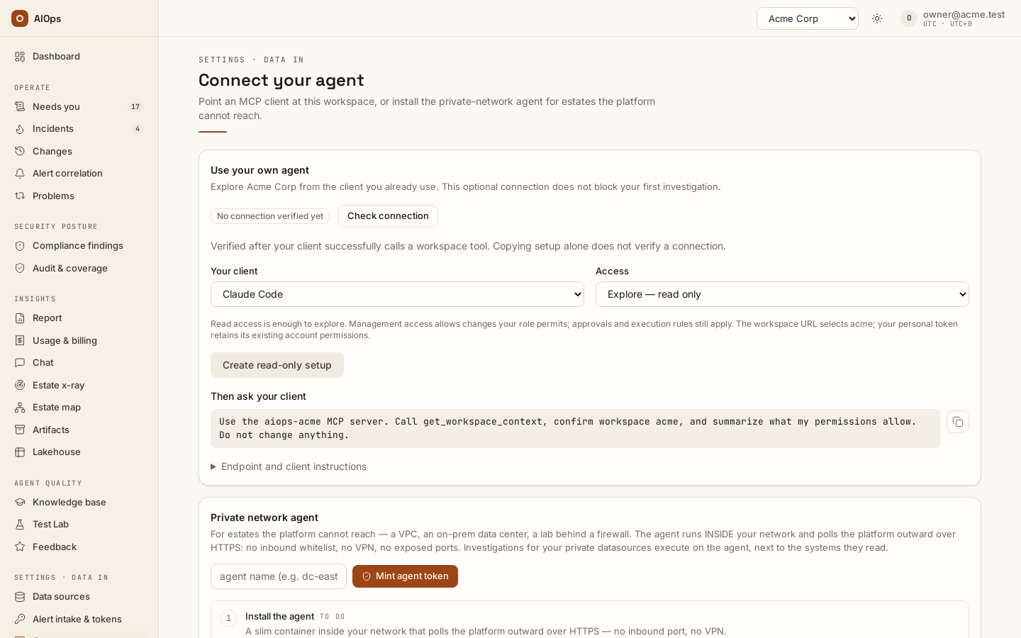 Connect your agent: choose the client and access level, Create read-only setup, the verification prompt to ask your client, and the private-network agent's token below.