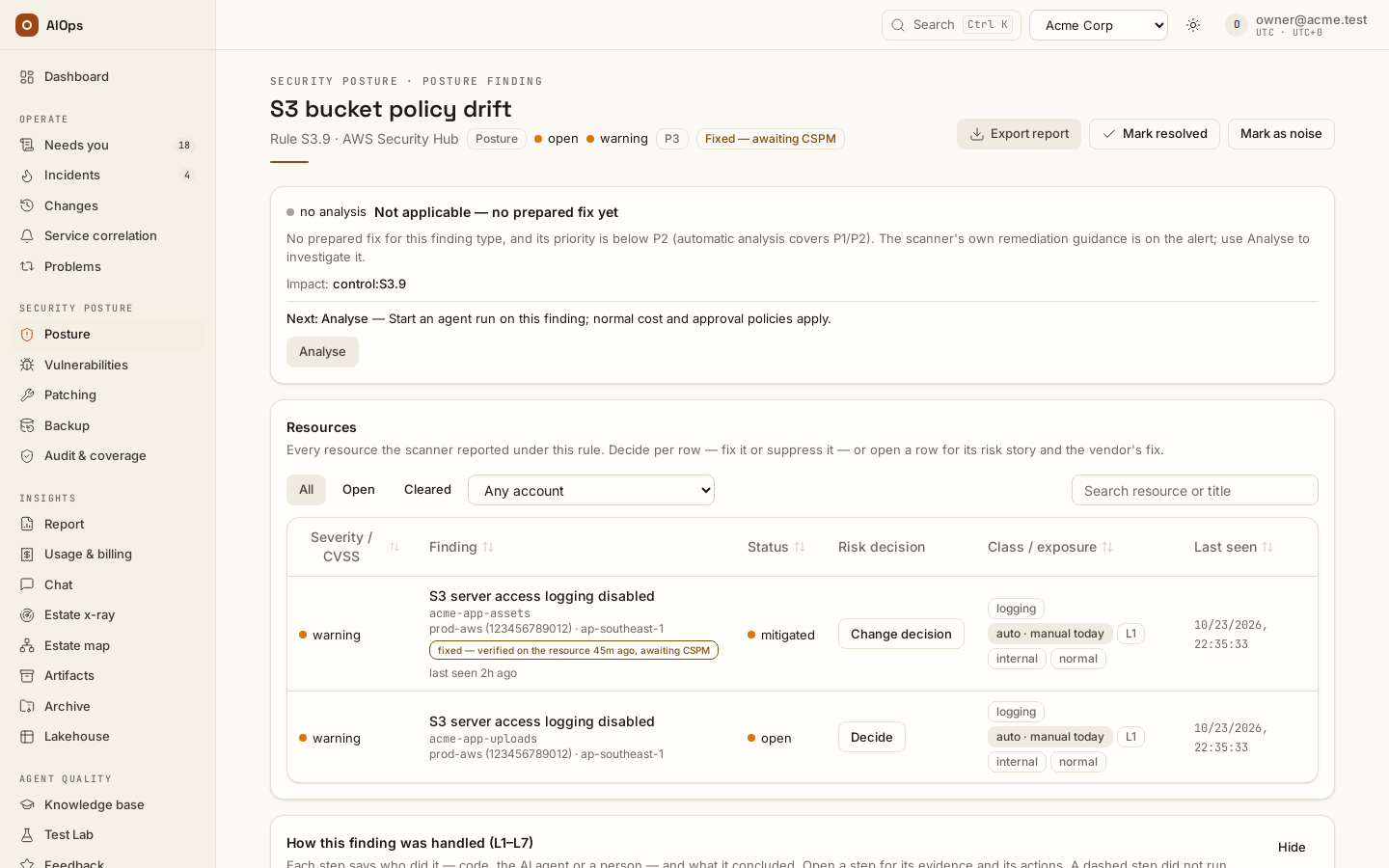 A finding's page: the header names its domain, the rule and its source (Rule S3.9 · AWS Security Hub), the next-step banner says why no fix is prepared, and the pipeline strip shows which layers a scanner finding uses.
