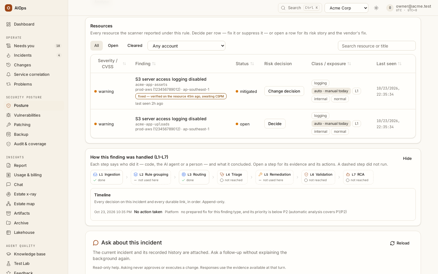 A finding's page, Resources: Decide on an open row, Change decision on a mitigated one, with each resource's status, class, exposure and the resource-verified marker.