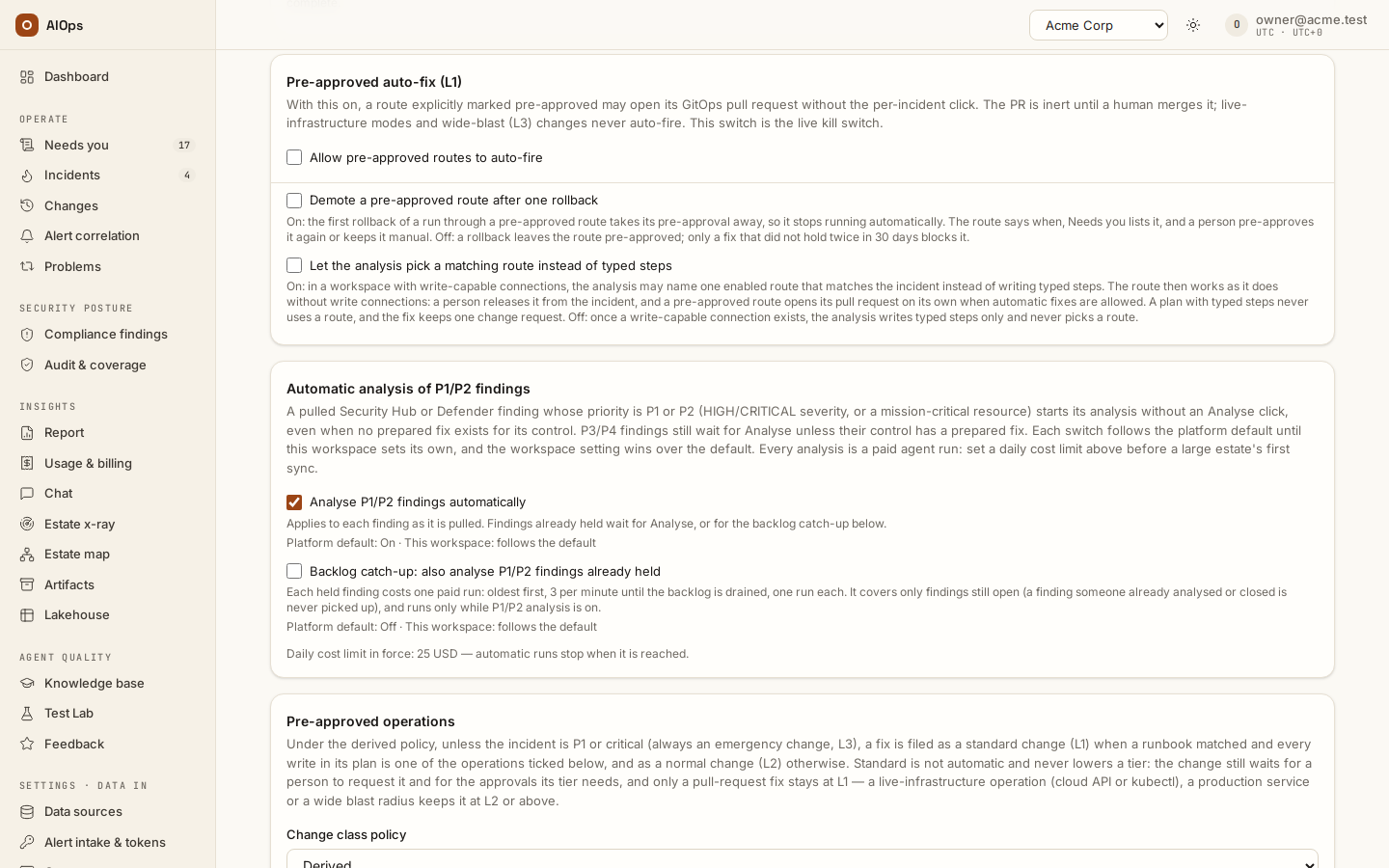 Guardrails → Pre-approved auto-fix (L1): the auto-fire master switch, demotion after one rollback, and letting the analysis pick a matching route instead of typed steps.