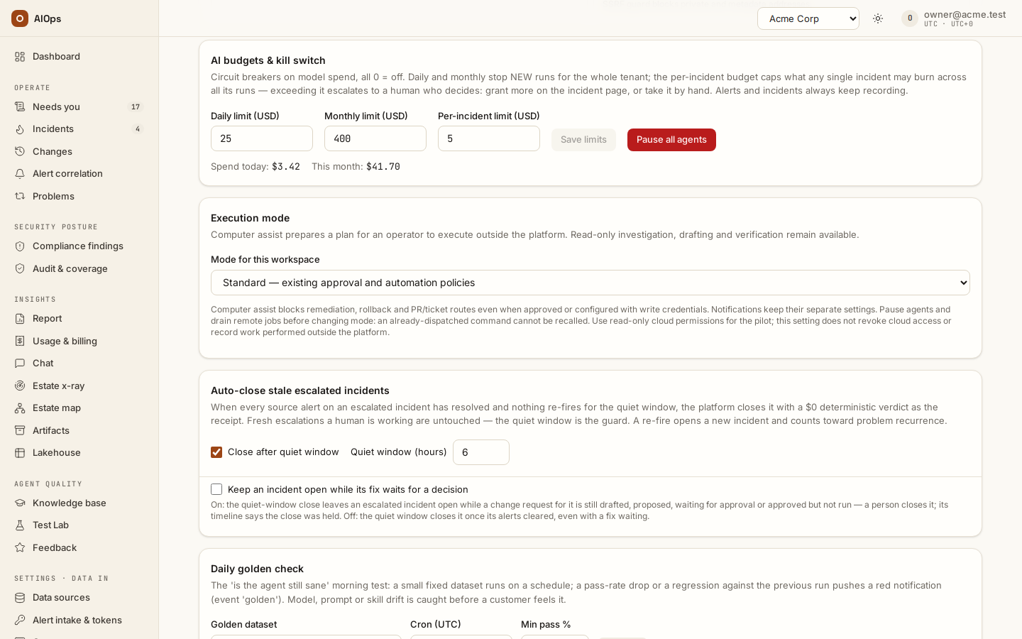 Guardrails → AI budgets & kill switch: the daily, monthly and per-incident limits, Save limits, Pause all agents, and today's and this month's spend.