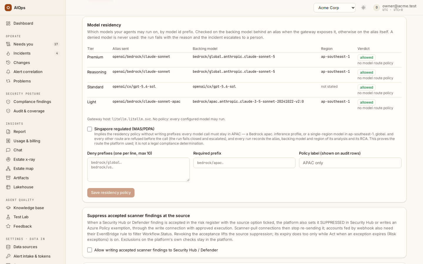 Guardrails → Model residency: per tier the alias sent, the backing model, its region and the verdict; the Singapore regulated switch and the deny / require prefixes below.