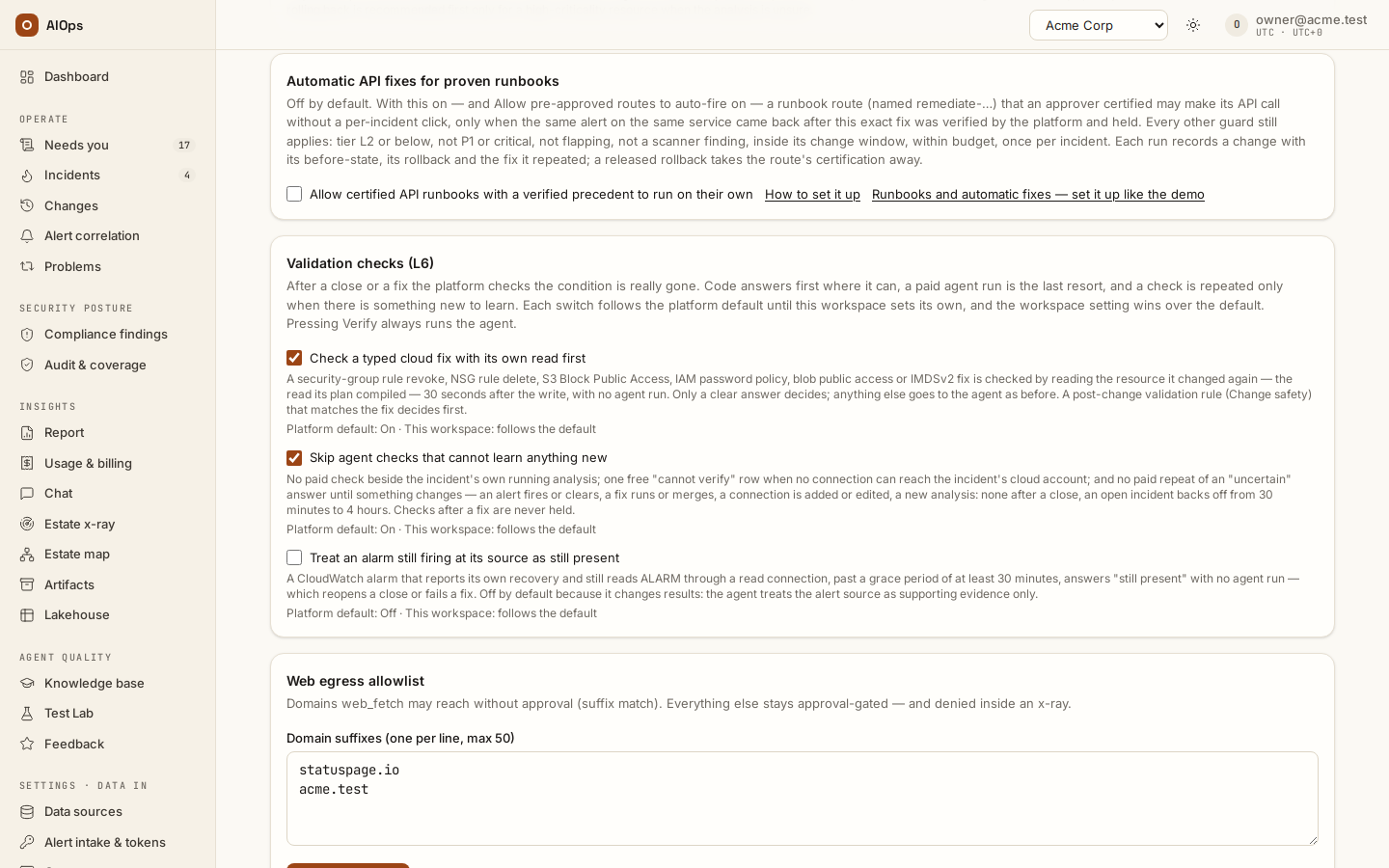 Guardrails → Validation checks (L6): Check a typed cloud fix with its own read first, Skip agent checks that cannot learn anything new, Treat an alarm still firing as still present — each beside its platform default.