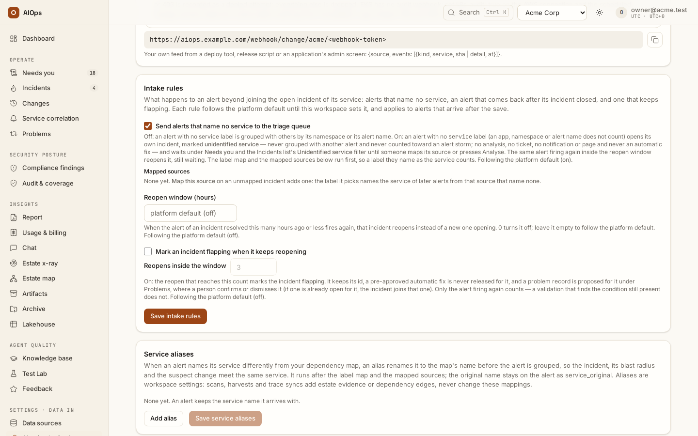 Alert intake & tokens → Intake rules: the triage-queue switch and its mapped sources, the reopen window and the flapping threshold; Save intake rules applies them to alerts that arrive after the save.