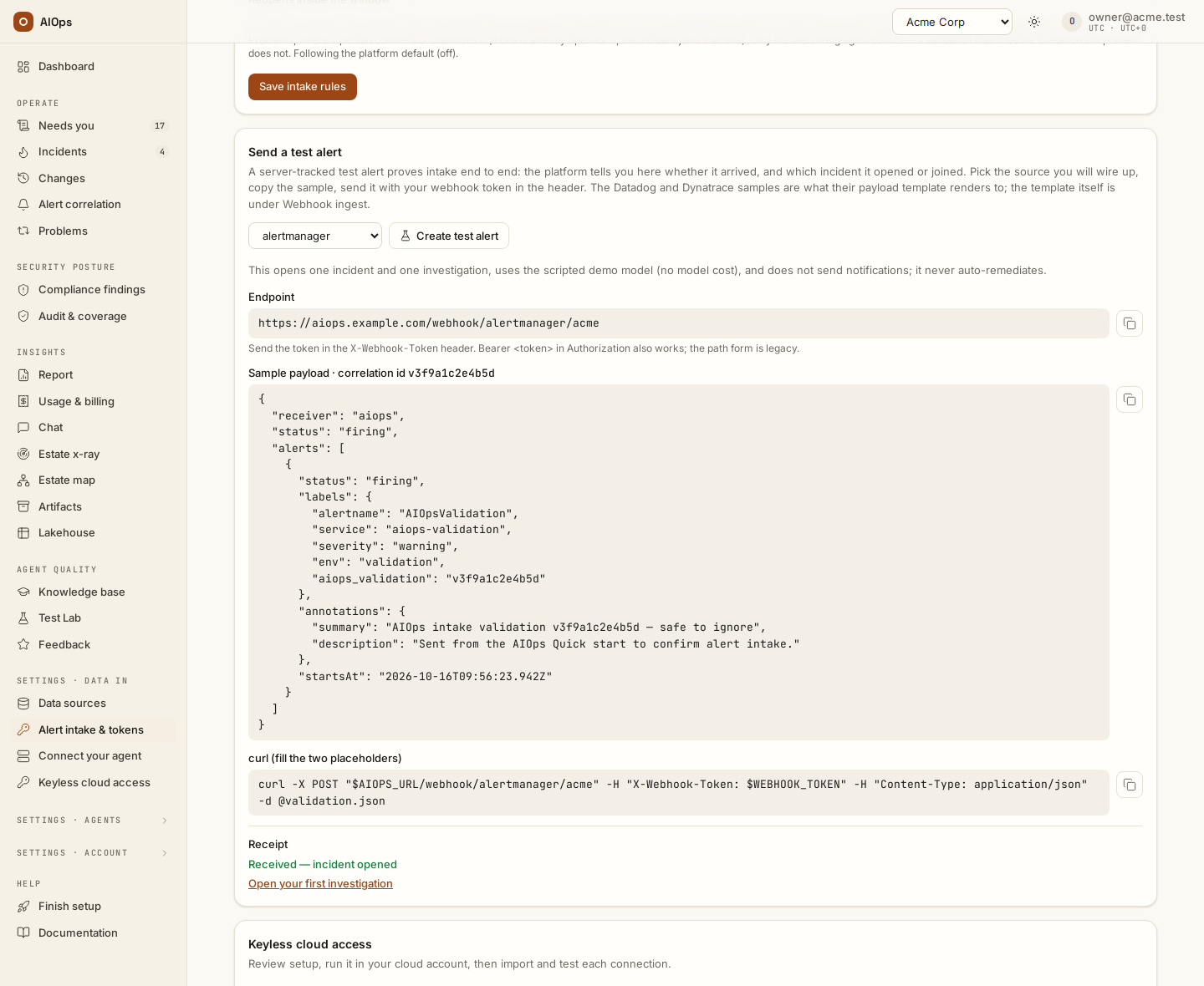 Alert intake & tokens → Send a test alert after Create test alert: the endpoint and the note to send the token in the X-Webhook-Token header, the sample payload with its correlation id, the curl command with its two placeholders, and the Receipt — Received, incident opened.