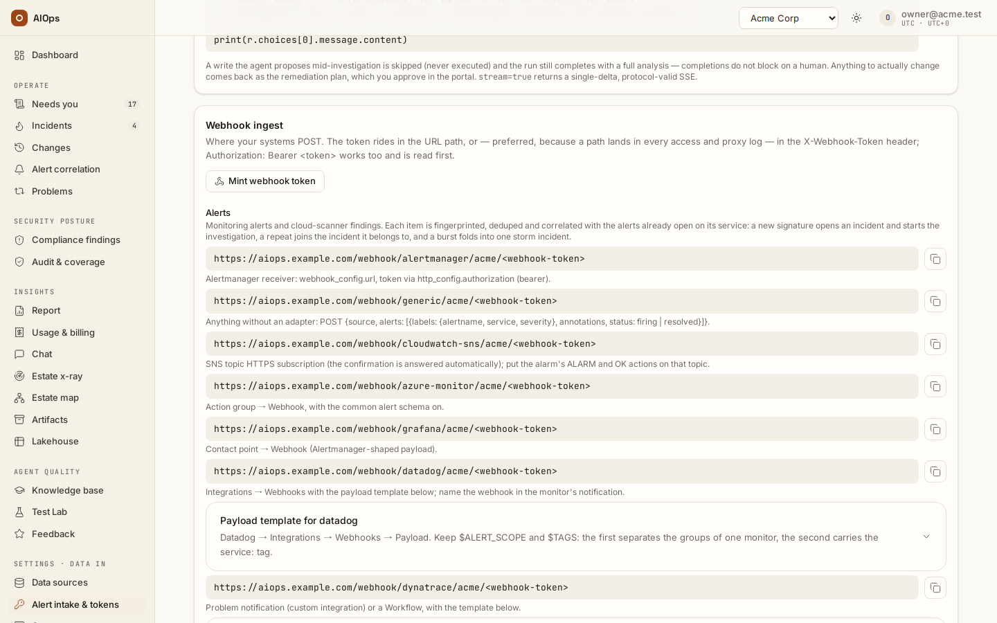 Alert intake & tokens → Webhook ingest: the card prefers the X-Webhook-Token header to a token in the URL path; Mint webhook token; then one endpoint per alert source, shown in the path-token form, with a setup hint under each and the Datadog payload template folded under its endpoint.