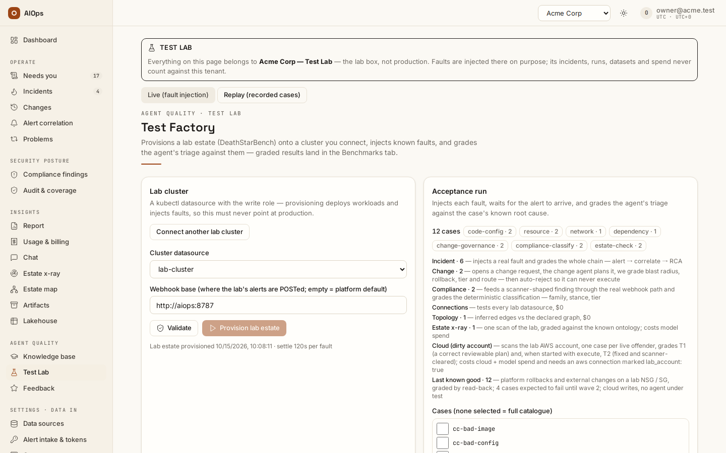 Test Lab: the lab-box banner, the Live (fault injection) / Replay (recorded cases) switch, the lab cluster connection and the acceptance run's case catalogue.