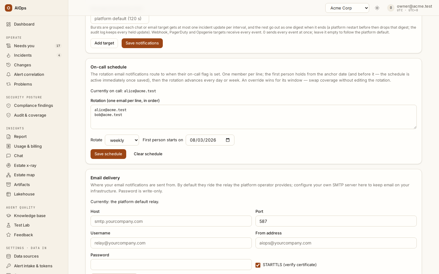 Notifications & on-call → On-call schedule and Email delivery: who is on call now, the rotation list and anchor date, and the workspace SMTP relay whose password is write-only.