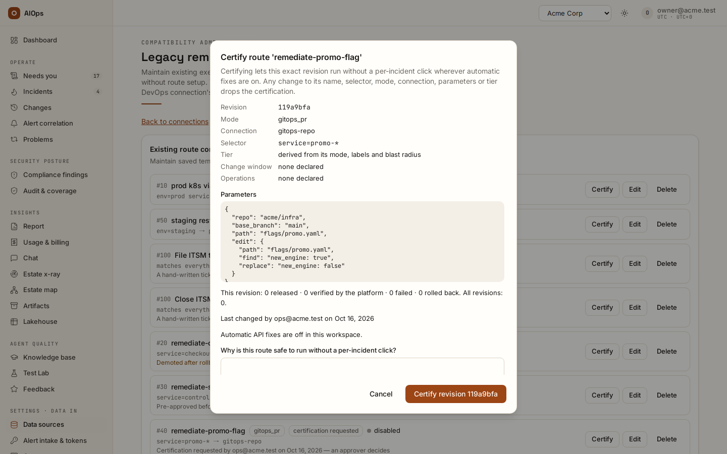 Certify route dialog: revision, mode, connection, selector, tier, change window, operations and parameters, this revision's run history, and the mandatory reason before Certify revision.