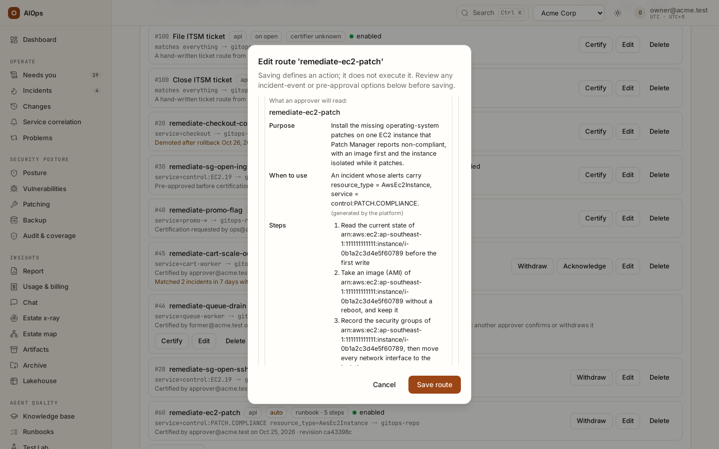 Check runbook: what an approver will read — the purpose, when to use it and the steps with the sample instance bound.