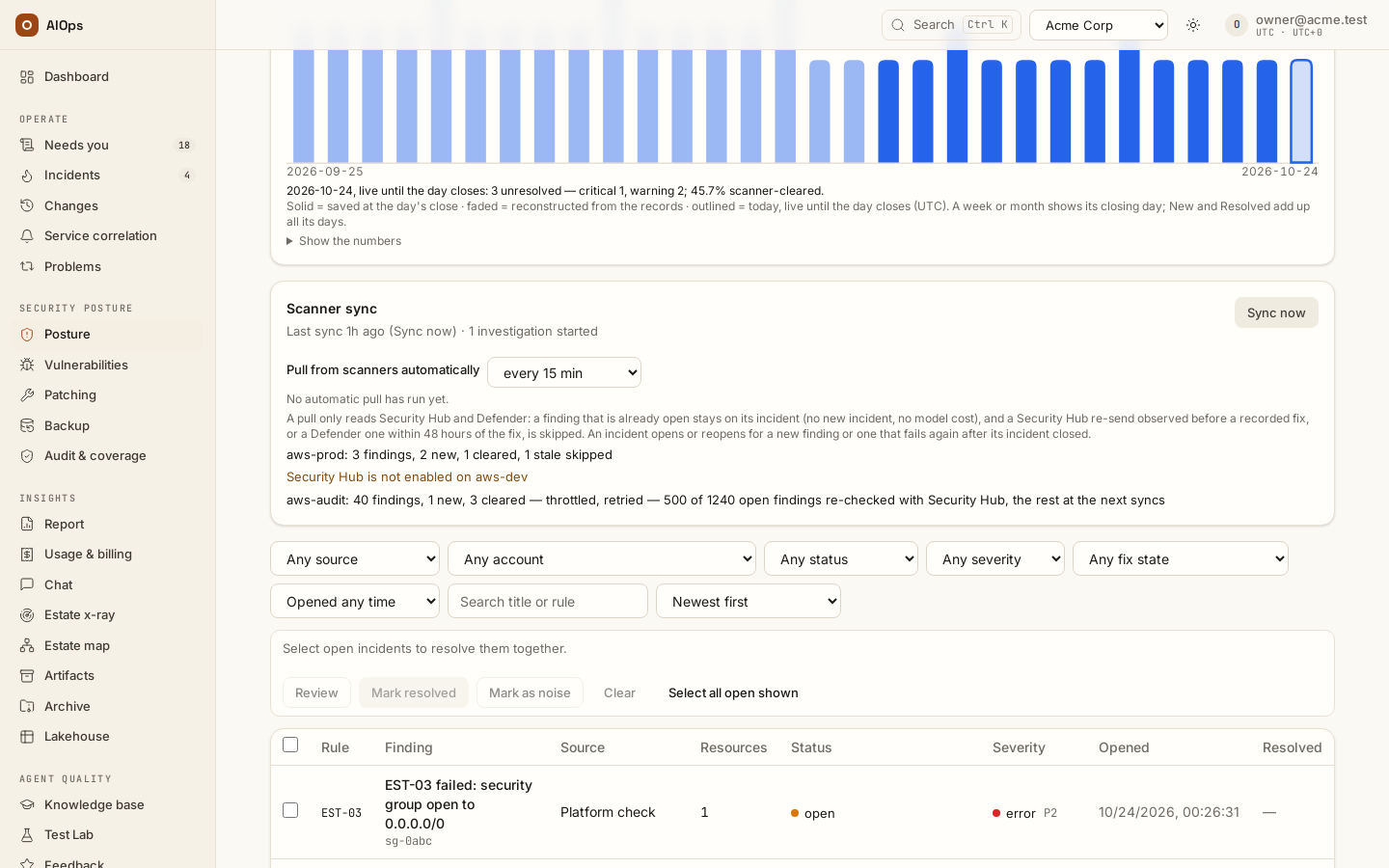 Posture findings → Scanner sync: Sync now, the automatic pull interval, and the per-account receipt — findings new, cleared and stale-skipped, an account where Security Hub is not enabled, a throttled re-check.