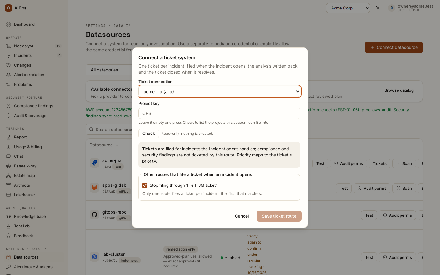 Data sources → Tickets on a Jira connection: the project key, the read-only Check, the note on which incidents the route files, and Save ticket route, disabled until the check has run.