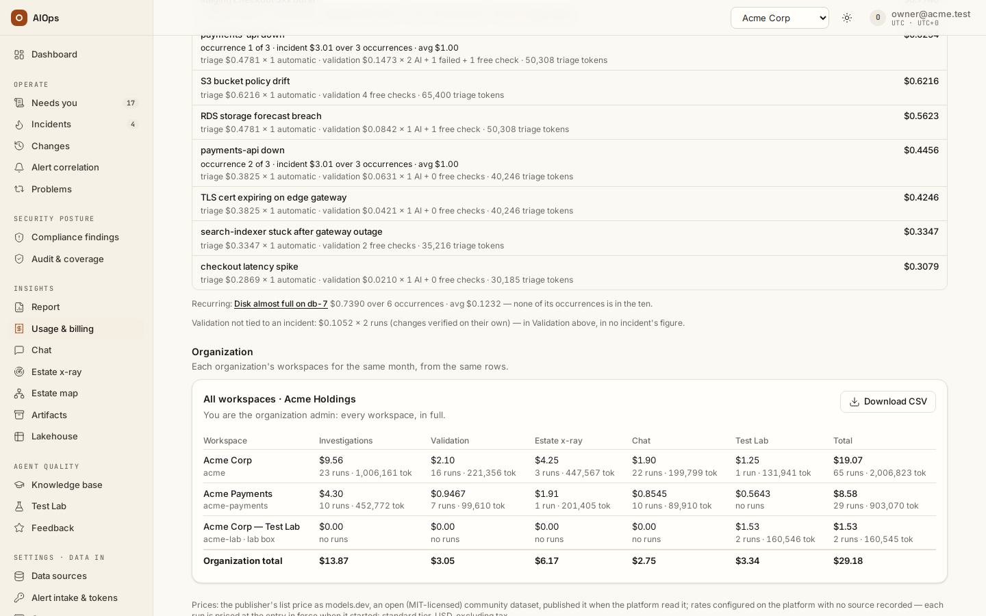 Usage & billing → Organization: one row per workspace with Investigations, Validation, Estate x-ray, Chat, Test Lab and Total, the Organization total row and its own Download CSV.