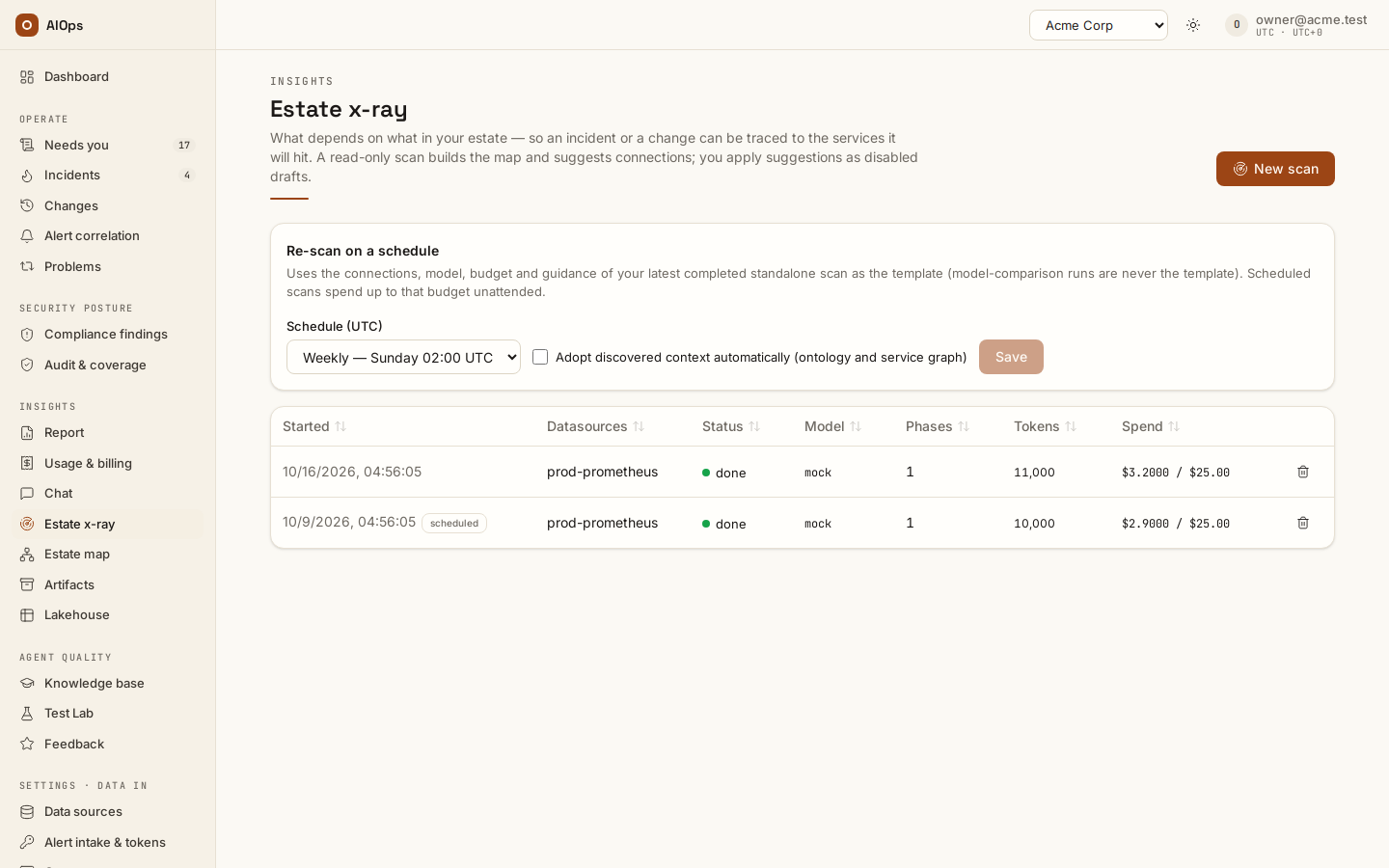 Estate x-ray: New scan, the re-scan schedule with Adopt discovered context automatically, and the scans table with status, model, phases, tokens and spend against budget.